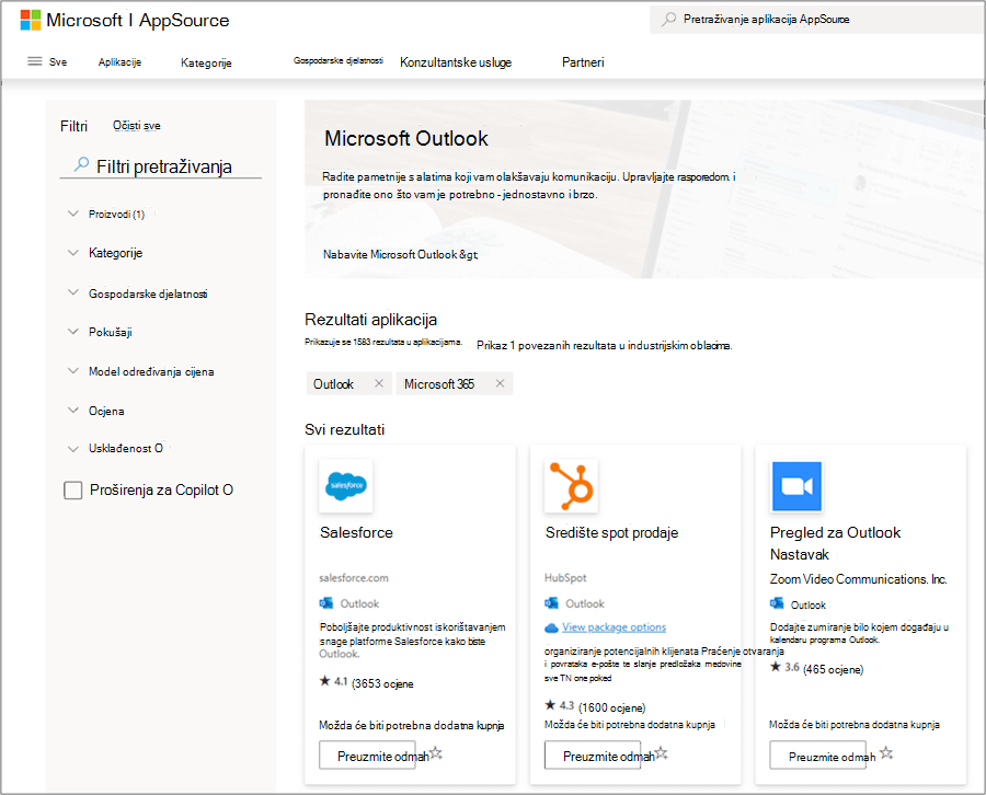 Microsoft Outlook dodaci u servisu AppSource