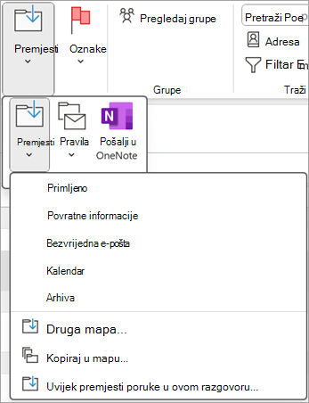 Odaberite izbrisanu stavku koju želite vratiti, a zatim je pomoću gumba Premjesti na vrpci premjestite u drugu mapu.