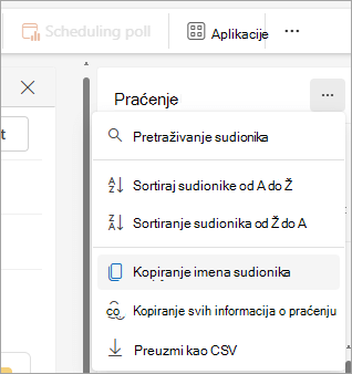 Snimka zaslona okna Praćenje u novom programu Outlook s prikazom padajućih mogućnosti za kopiranje popisa sudionika