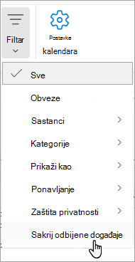 Snimka zaslona filtra u Kalendar na kojoj je prikazana mogućnost Sakrij odbijene događaje s padajućeg izbornika