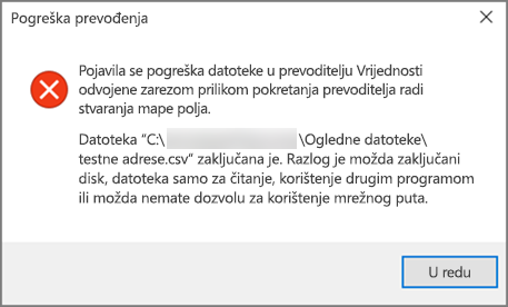 Ovo je poruka o pogrešci koja će se prikazati ako .csv datoteka sadrži loše formatirane podatke.