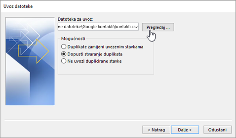 Browse to the contacts csv file and choose how to handle duplicate contacts