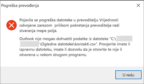 Ovo je poruka o pogrešci koja se prikazuje kada je datoteka .csv prazna.