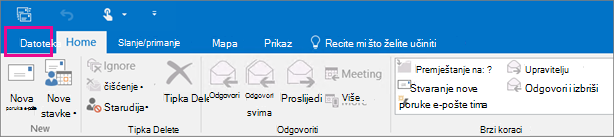 Ovako izgleda vrpca u programu Outlook 2016.
