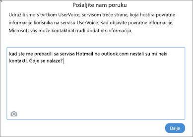 Primjer sadržaja koji možete napisati da biste nas obavijestili da vaši kontakti nedostaju.