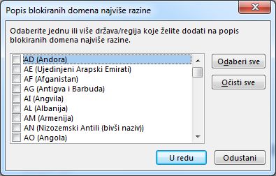 Dijaloški okvir Popis blokiranih domena najviše razine
