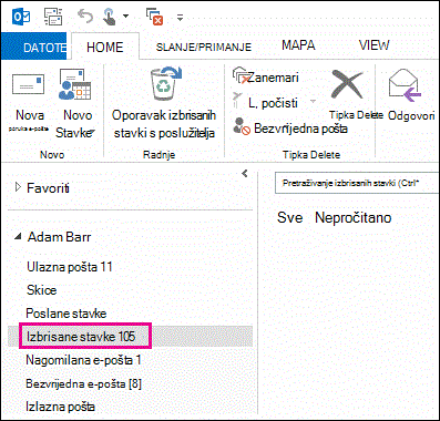Kliknite Izbrisane stavke na popisu mapa