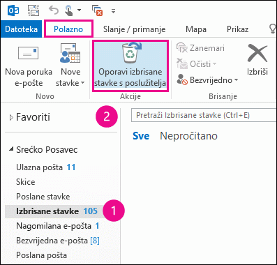 Odaberite mapu Izbrisane stavke i kliknite Vrati stavke s poslužitelja