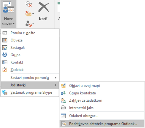 Stvaranje nove podatkovne datoteke programa Outlook