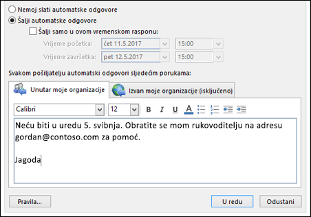 Unesite poruku automatskog odgovora