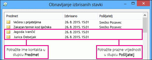 Sortiranje po stupcu predmeta ili pošiljatelja radi pronalaženja kontakata