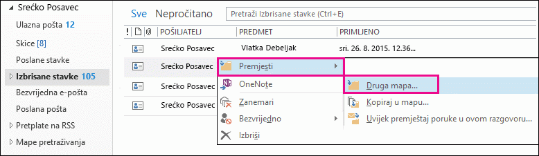 Kliknite Premjesti, a zatim Druga mapa