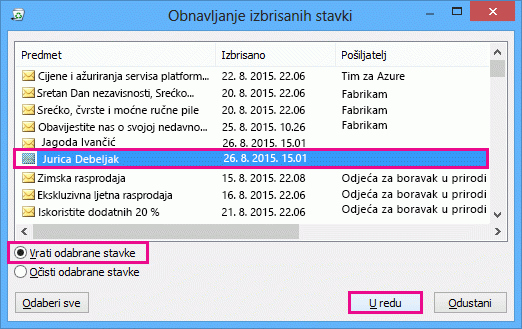 Odaberite kontakt koji želite vratiti, a zatim kliknite U redu