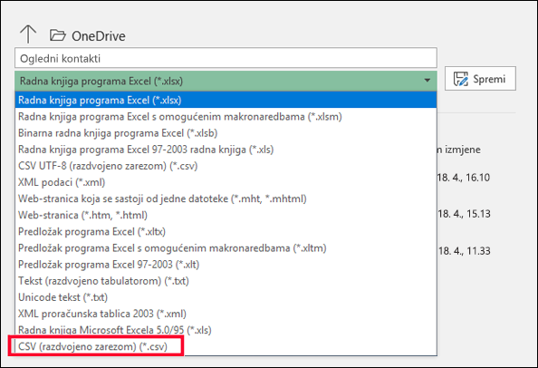 Spremite datoteku programa Excel u obliku .csv datoteke.