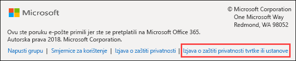 Podnožje poruke dobrodošlice gosta u grupama sustava Office 365