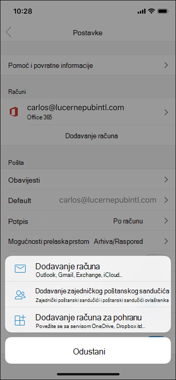 Dodavanje računa u aplikaciju Outlook