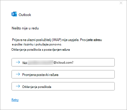 Snimka zaslona s porukom o pogrešci Nešto nije u redu prilikom dodavanja računa za iCloud
