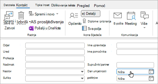 Snimka zaslona s prikazom detalja na kartici kontakta radi dodavanja rođendana ili godišnjice