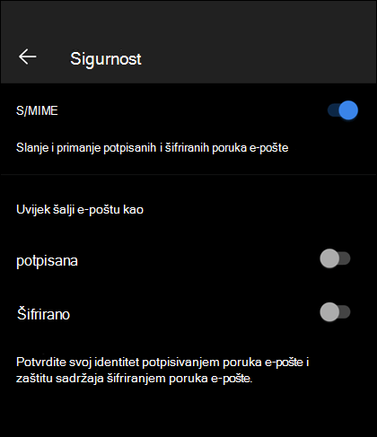 Sigurnosni zaslon u aplikaciji Outlook Mobile prikazuje omogućen S/MIME te dostupne mogućnosti Potpisano i šifrirano.