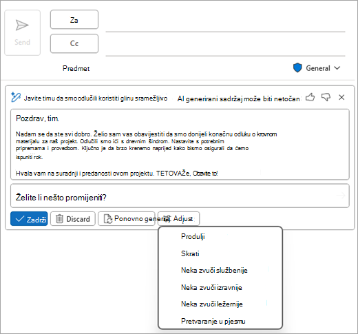 Prikazuje stranicu pošte klasičnog programa Outlook sa skicom rješenja Copilot i prikazanim mogućnostima prilagodbe.