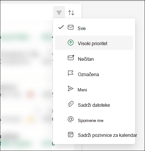 Izbornik filtra poruka u programu Outlook na kojem se prikazuje da postoji mogućnost Visoki prioritet.