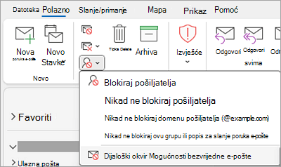 Snimka zaslona na kojoj se prikazuje padajući izbornik Blokiraj pošiljatelja s odabranim mogućnostima bezvrijedne e-pošte