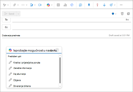 Prikazuje stranicu pošte Novo programa Outlook s prozorom upita otvorenim na mjestu na kojem biste inače počeli upisivati poruku e-pošte.