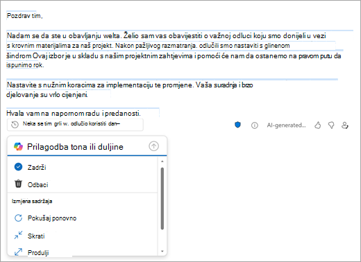 Prikazuje stranicu pošte Nova verzija programa Outlook sa skicom koju je stvorio Outlook. Ispod skice nalaze se mogućnosti za zadrživanje, odbacivanje ili promjenu skice.