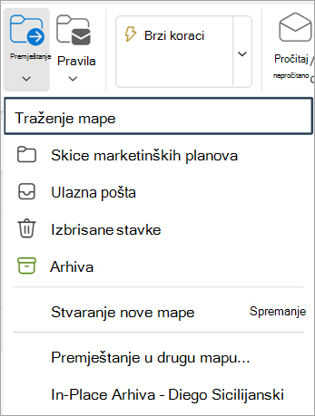 Odabir mogućnosti Premjesti s vrpce