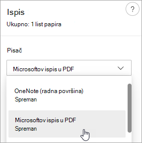 Snimka zaslona s prikazom odabira mogućnosti Microsoft ispis u PDF