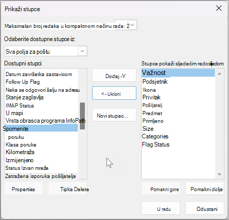 Prikaz postavki stupaca u programu Outlook