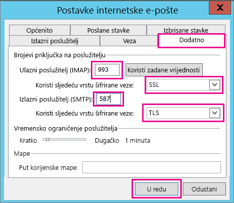 Unesite dodatne postavke e-pošte.