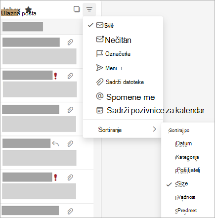 Snimka zaslona na kojoj se prikazuje izbornik Filtar s odabranom mogućnošću Sortiraj po