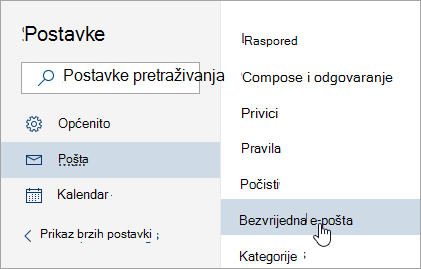 Snimka zaslona izbornika Postavke s odabranom Bezvrijednom poštom