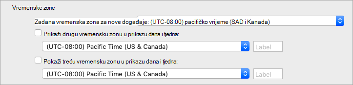 Prikazuje drugu i treću vremensku zonu u preferencama Kalendar