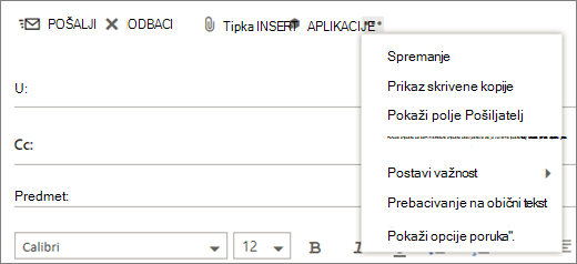 Snimka zaslona prikazuje mogućnosti dostupne u naredbi Više na alatnoj traci poruke pošte.