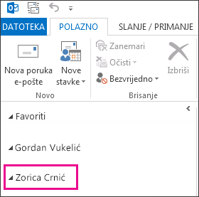 Prikaz zajedničkih mapa na popisu mapa u programu Outlook 2013