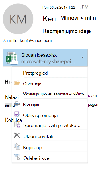 Da biste vidjeli izbornik privitka, odaberite padajuću strelicu s desne strane ikone privitka