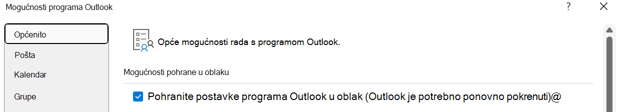 Pohrani moje postavke programa Outlook u oblaku (zahtijeva ponovno pokretanje programa Outlook) trebalo bi biti omogućeno ako korisnik želi uvesti svoje postavke u novi Outlook za Windows