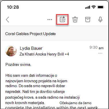 Ikona sažimanja rješenja Copilot za sažimanje niti poruka e-pošte u sustavima iOS i Android.