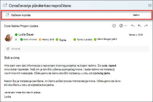 Odaberite sažimanje za Copilot kako biste stvorili sažetak niti poruka e-pošte.