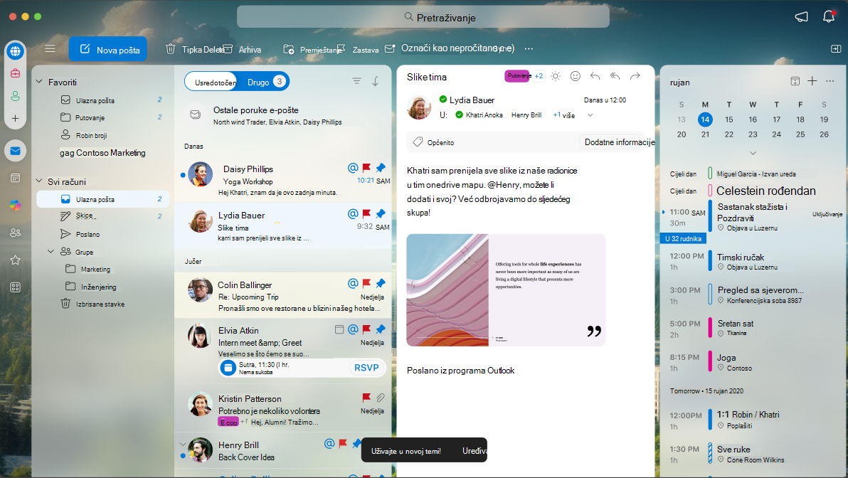 Zaslon na kojem se prikazuje kako tema izgleda kada se primijeni na Outlook za Mac