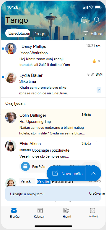 Zaslon na kojem se prikazuje kako tema izgleda kada se primijeni u aplikaciji Outlook Mobile