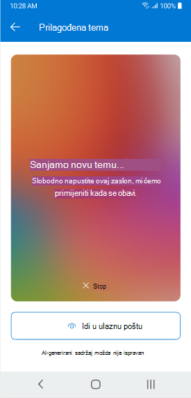 Zaslon na kojem se prikazuje tema generiranja rješenja Copilot na aplikaciji Outlook Mobile