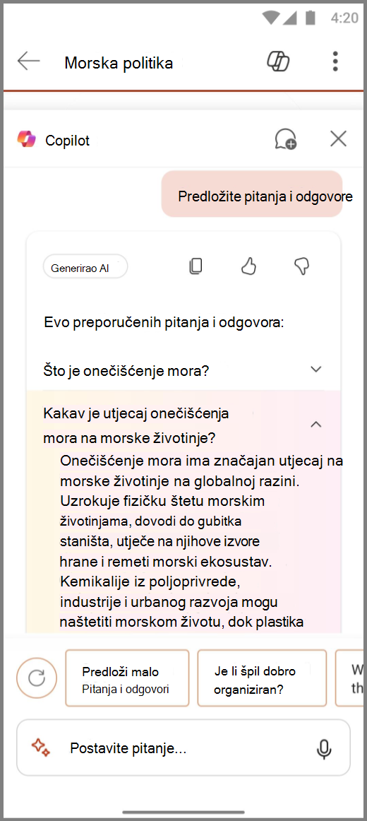 Snimka zaslona značajke Copilot u programu PowerPoint u sustavu Android s rezultatima upita Predloži Q&As