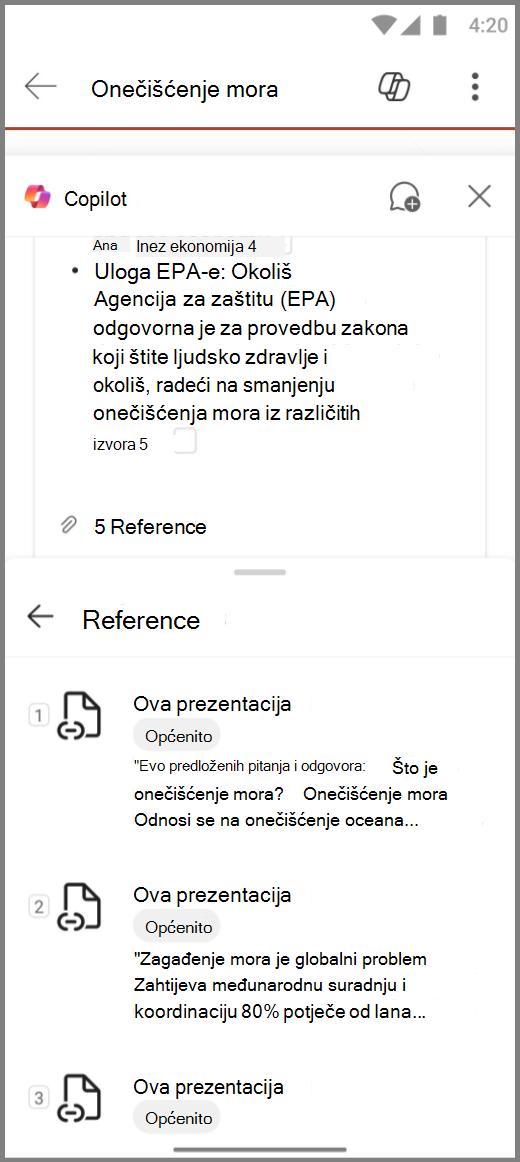 Snimka zaslona značajke Copilot u programu PowerPoint na uređaju sa sustavom Android s referencama za odgovor na sažimanje snopa