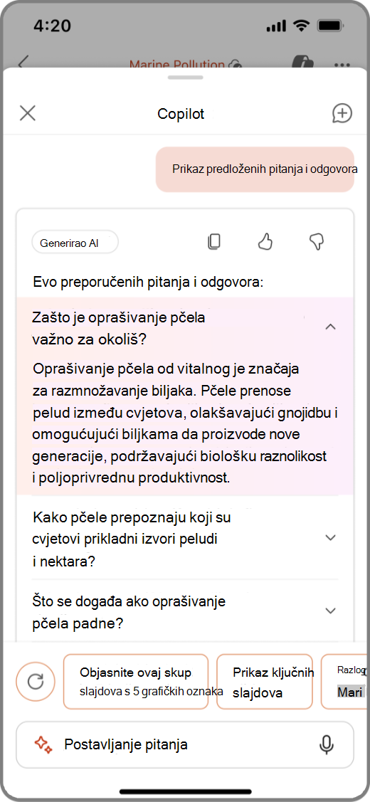 Snimka zaslona značajke Copilot u programu PowerPoint na uređaju sa sustavom iOS s predloženim pitanjima&As