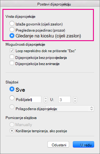Mogućnosti stavke Pokaži vrstu