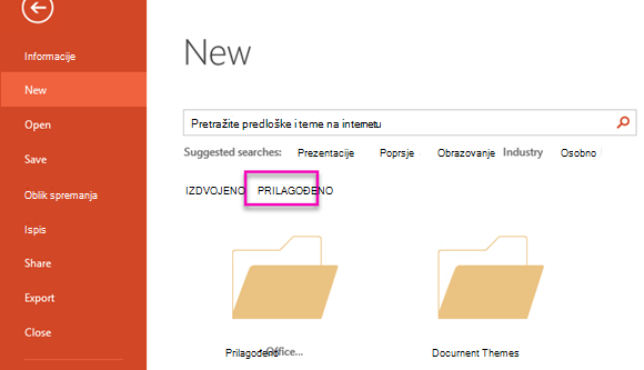 Na stranici Nova datoteka odaberite Prilagođeno da biste pristupili predlošku koji ste stvorili.