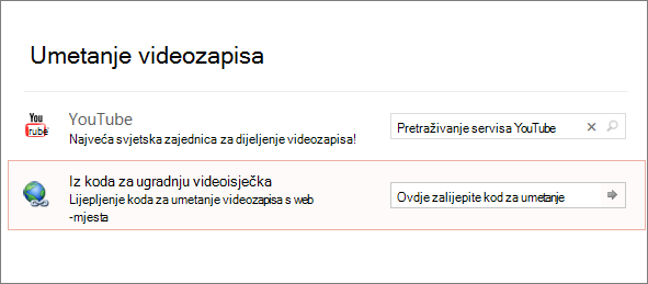 Prikazuje mogućnost za ugrađivanje videozapisa u programu PowerPoint